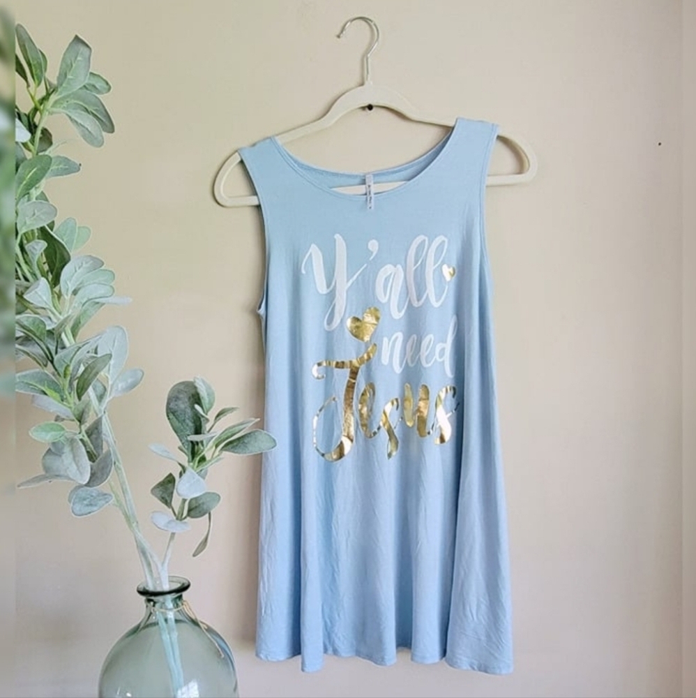 Y'all Need Jesus Flowy Blue & Gold Tanktop (M)